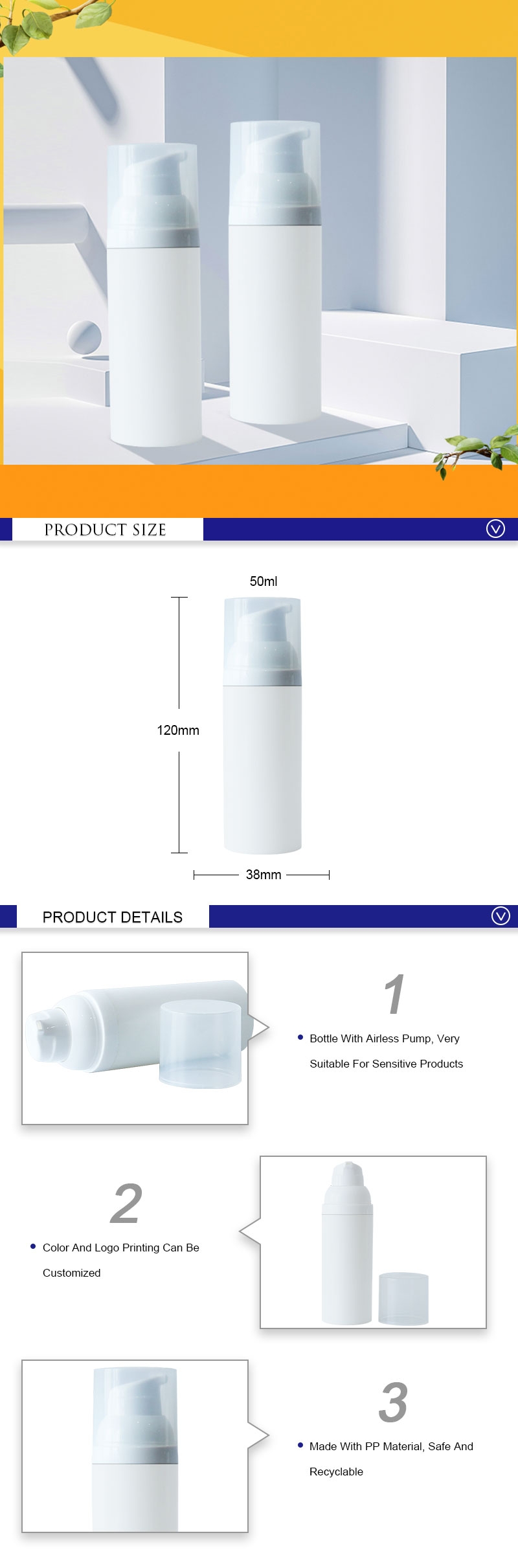 PP Airless Dispenser Pump Cosmetic Bottles Packaging Wholesale 50Ml