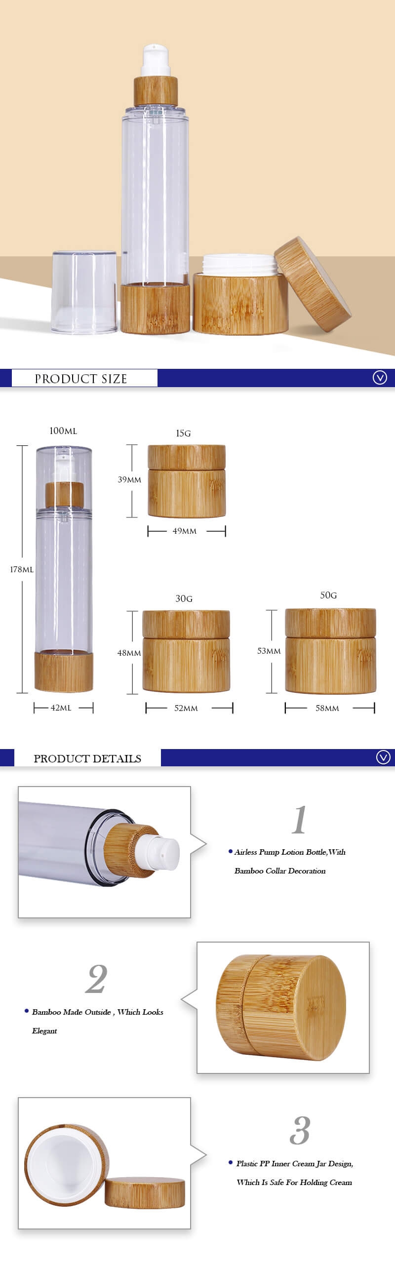 100Ml 3 Oz Bamboo Airless Vacuum Pump Lotion Bottles For Cosmetics