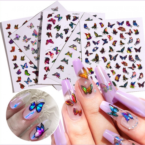 1Sheet Laser Color Butterfly Nail Art Stickers Holographic 3D Gradient Butterflies Adhesive Nail Decals DIY Manicure Decorations
