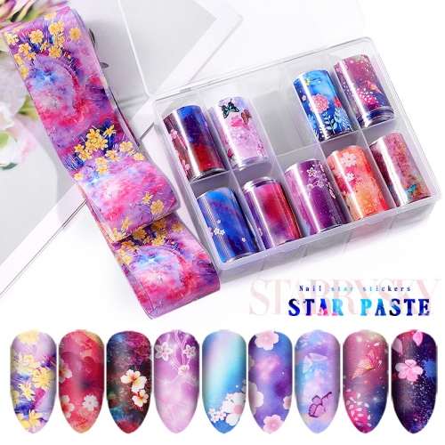 10rolls/box Flowers Nail Foil Sticker Set Holographic Starry Sky Transfer Paper Wraps Charm Nail Art Decal Kit Manicure Decorations