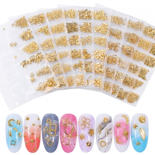 1 Pack Gold Hollow 3D Nail Art Decorations Metal Frame Nail Rivets Mix Metallic Studs Thin Slices DIY Charm Manicure Accessories