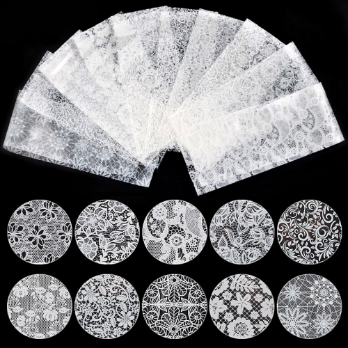 10Pcs/set White Lace Nail Art Foils Set Top Floral CharmNail Transfer Sticker Paper DIY Manicure Nail Decoration Accessories