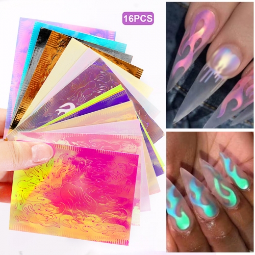16Pcs/set Flame Nail Sticker Aurora Fire Nail Holographic Strip Tape Flame Reflective Adhesive Foils Laser Nail Art Decal Stickers
