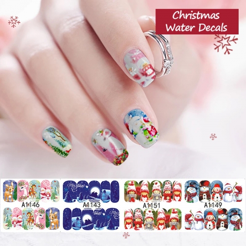 12 sheets/set Christmas Water Transfer Nail Stickers Full Wraps Nail Art Decals Snowman Elk Santa Designs Manicure Decoration