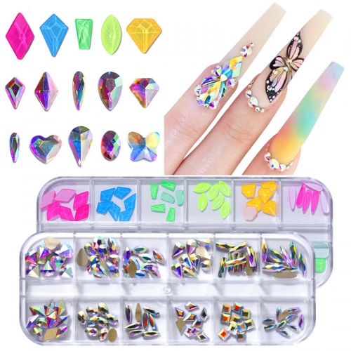12 Grids/box Irregular Flatback Nail Diamonds AB Crystal Nail Art Rhinestones Glass Gem Jewelry Manicure Tools Kits DIY Accessories