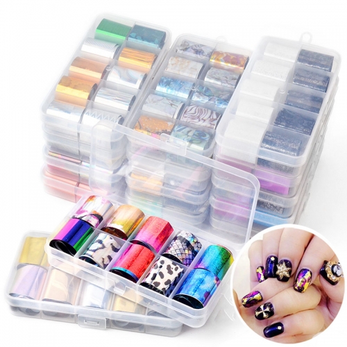 10rolls/box Holographic Nail Foil Set Transparent AB Color Transfer Sticker Decorations 2.5*100cm Mix Designs Manicure Nail Art Decals
