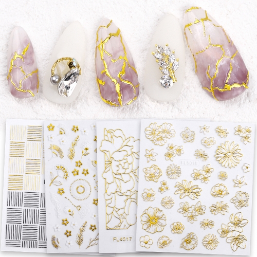 1Pcs Gold Bronzing 3D Nail Sticker Flower Wave Line Designs Adhesive Metallic Stickers Charm Nail Art Decal Manicure Decorations