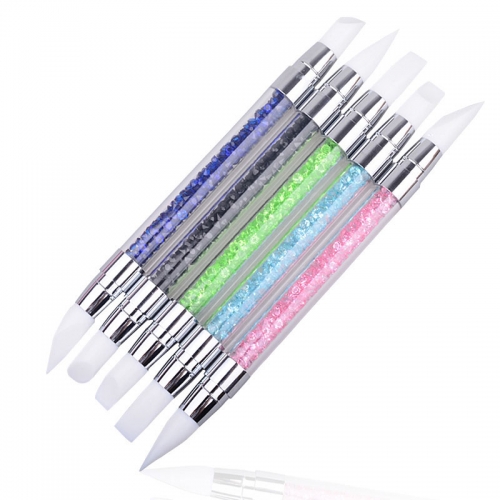 5pcs/set 2 Way UV Gel Nail Art Brush Carving Pen Silicone Head Acrylic Handle Salon Nail Tools Beauty Rhinestone Polish Pen