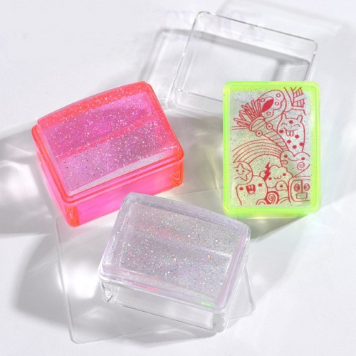 1Set Rectangle Jelly Silicone Nail Stamper Fluorescence Green Pink Clear Handle Starry Glitter Stamping Nail Art Template Tools