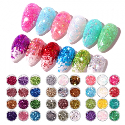 12 Colors/set Holographic Glitter Nail Art Sequins 3D Hexagon Star Moon Butterfly Laser Gel Nail Polish Flakes Manicure Decorations