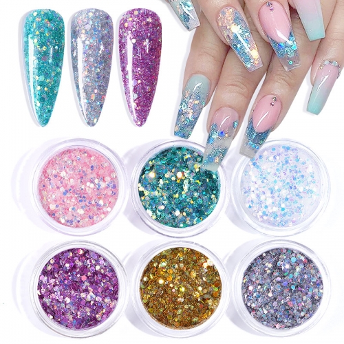 6colors/set Holographic Nail Glitter Flakes Sequins Caviar Beads Sugar Powder Diamond Round Mermaid Paillette Nail Art Decorations