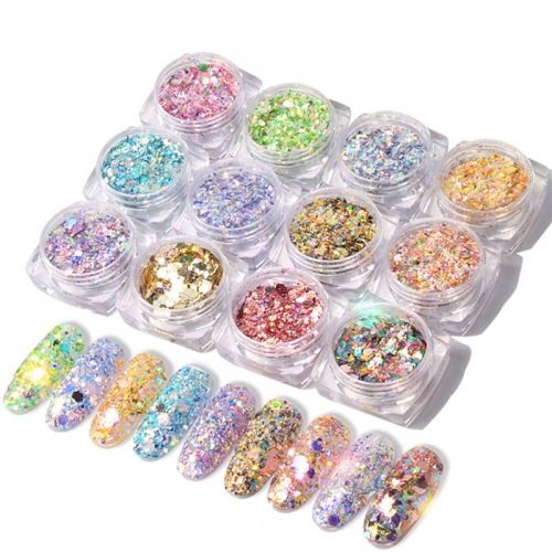 1jar Nail Glitter Flakes Mixed Hexagon Round Symphony Sequins Pigment Holographic Nail Art Powder Dust DIY Manicure Decorations