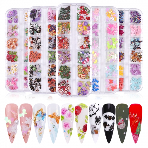 12designs/set 3D Emulation Butterfly Colorful Flowers Nail Art Sequins Mix Halloween Christmas Wood Pulp Nail Flake Manicure Decorations