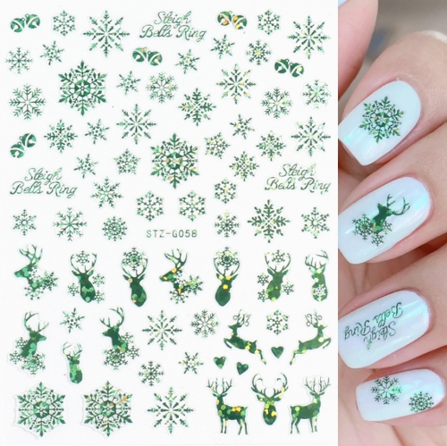1sheet Glitter Laser Sticker Decals Nail Art Snow Flower Green Christmas Tree Deer Santa Adhesive 3D Tips Decoration