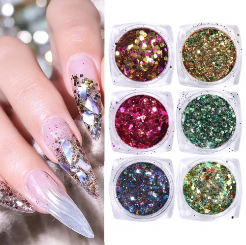 6jars/set Sequin Nail Glitter Holographic Sparkly Hexagon Paillette Mermaid Powder Flakes Mixed Shiny Decorations Manicure