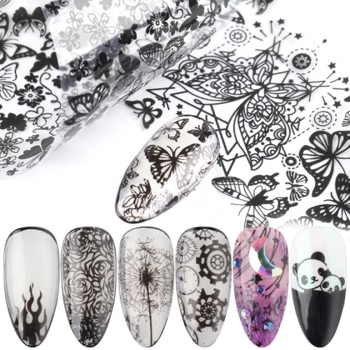 10designs/set Black Nail Art Foils Panda Stickers Flower Butterfly Nail Transfer Sliders Full Wraps Decals Manicure Decorations