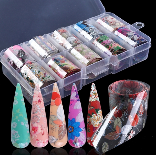 10rolls/box Holographic Flower Nail Foil Decal Blooming Flowers Design Wraps Transfer Sticker for Manicure Transparent Slider