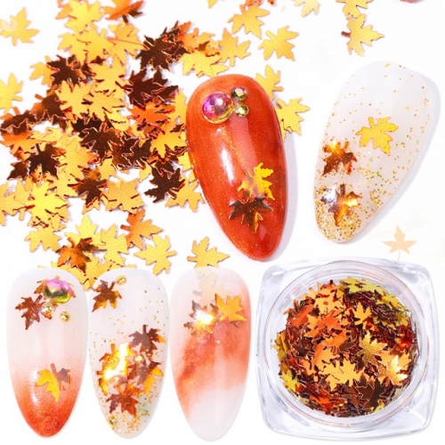 1jar Fall Leaf Nail Sequins 3D Maple Gold Red Leaves Nail Art Flakes Paillettes Laser Holographic Glitter Manicure