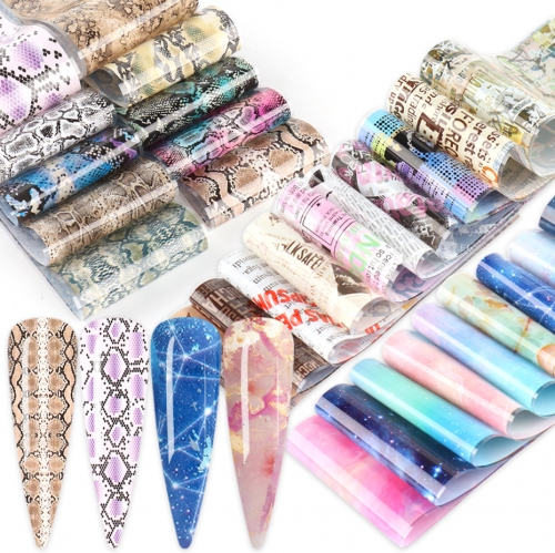 50pcs/pack Holographic Nail Foils for Manicure Snake Butterfly Shining Stone Designs Transfer Stickers Starry Sky Adhesive Wraps Decals