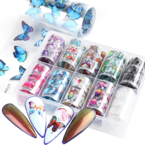 10rolls/box Flower Butterfly Slider On Nails Foil Colorful Polish Adhesive Sticker Nail Decals DIY Design For Nail Manicure