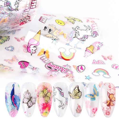 10pcs/set Butterfly Unicorn Nail Art Foil Decals Cartoon Animals Flowers Sticker Adhesive Slider For Nails Clear Decoration