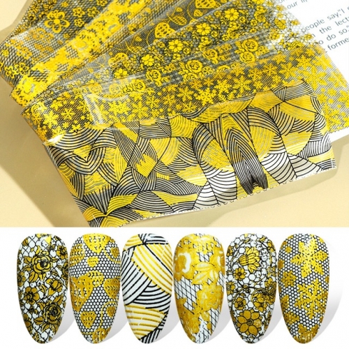 10pcs/set Golden Nail Stickers Foils Flowers Geometric Line Pattern Gold Nail Art Decorations Designs Acrylic Manicure Wraps