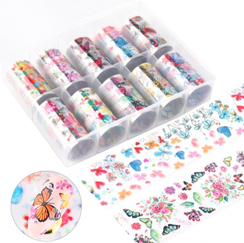 10 Rolls/Box Butterfly Nail Transfer Foils Stickers Flower Adhesive Wraps Nail Art Foil Manicure Decorations Decals