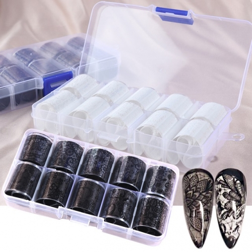 10rolls/box Black White Lace Foil For Nails Mixed Flowers Nail Art Stickers Transfer Starry Paper Adhesive Manicure Decals