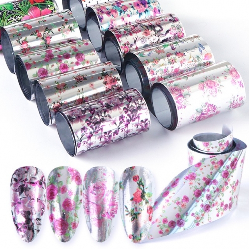 10Rolls/Box Mirror Flowers Nail Art Foils Rose Floral Nail Transfer Stickers Adhesive Decal Sliders Acrylic Wraps Decor