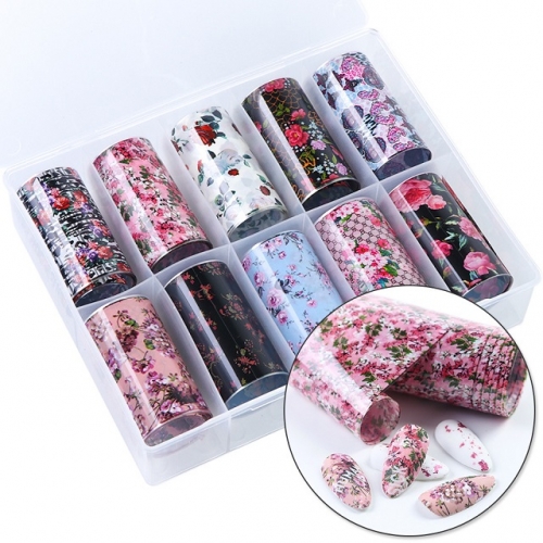 10 Rolls/Box Nail Art Foils Flowers Charms Floral Nail Transfer Sticker Set 3d Adhesive Wraps Design Acrylic Decals