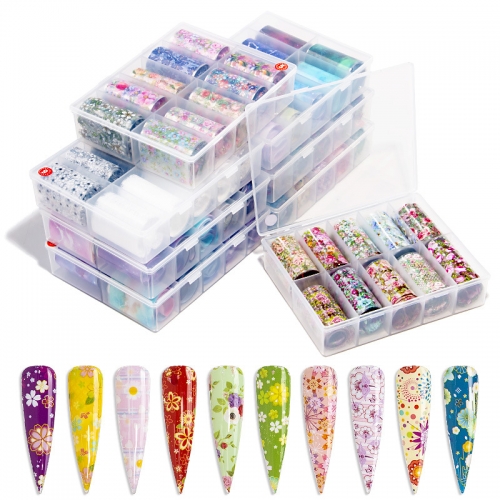 10rolls/Box Colorful Flowers Starry Holographic Transfer Nail Stickers Foil Flowers Transfer Nail Foil