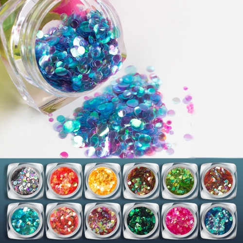 12jars/set Colorful Round Mixed Size Semi-transparent Mermaid Acrylic Nails Glitter Sequins