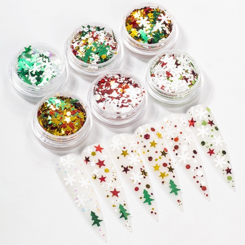 6 Colors/set Mix Shape Snowflower Tree Christmas Nail Glitter Sequins
