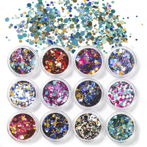 1jar or 12jars/set Nail Art Round Mixed Size Color Holographic Nail Art Glitter Shapes DIY Nail Paillette