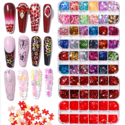 14 Designs Star Shape Laser Maple Leaves Heart Circle Moon Shining Slices Thanksgiving Nail Glitter Sequins
