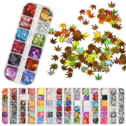 13 Designs Autumn Series Laser Maple Leaves Heart Stars Circle Butterfly Slices Nail Sequins Glitter