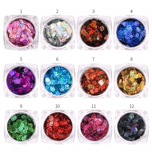 Hot Sell Smiley Face Design Nail Sequins Flake Wholesale 12 Laser Colors a Set Nail Art Glitter