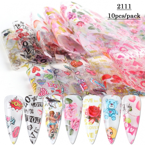 10pcs/pack Valentines Nail Art Decorations Foil Romantic Love Transfer Stickers For Manicure Colorful Flower Nail Decal Wraps
