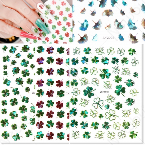 1sheet Ginkgo Biloba Green Four-leaf Clovers Wholesale Holographic Nail Art Sticker Decal