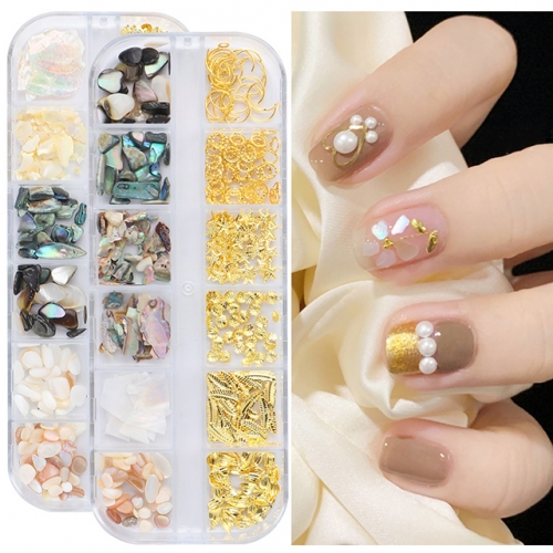 12Girds/Box Shell Slices Nail Art Decorations 3D Gold Metal Rivets Flakes Crystal Rhinestones Jewelry Manicure Accessories