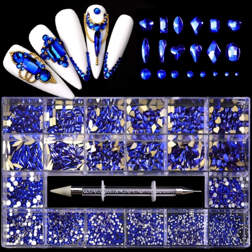 21Grids/box Blue Boxed Glass Fake Diamond Sticker Art Decoration Fashion DIY Nail Art Nail Polish Manicure Accessories