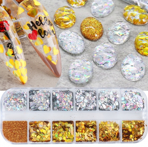 12Grids/box Gold Silver Nail Glitters Sequins Mixed Designs Holographic Laser Paillettes Spangles For Manicure Polish Decor
