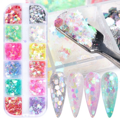 12Grids/box Nail Sequins Hexagon Star Heart Paillettes Nail Glitter Spangles 3D Holographic Mermaid Flakes Powder Nails Art Decorations