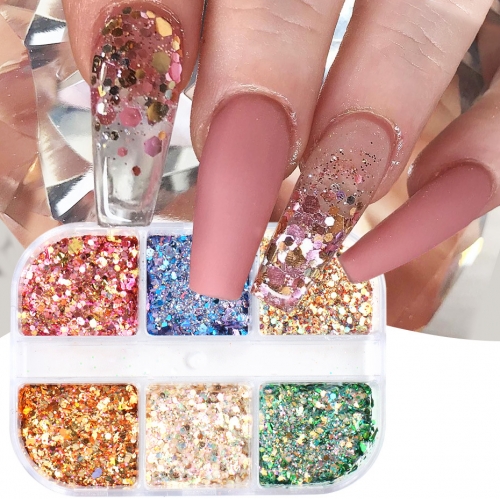 6 Colors/box Sparkly Nail Glitter Sequins 3D Hexagon Paillette Flakes Holographic Spangles Nail Art Decoration Accessories