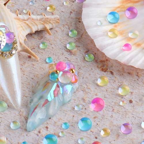 1 Box Mocha Aurora Mermaid Nail Beads Flat Bottom Nail Art Rhinestone Crystal Set With Tweezers Manicure Accessories