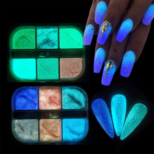 6 Colors/box Sugar Powder Nail Glitter Glow  Luminous Dipping Powder Pigment Flake Spangle Manicure Decoration