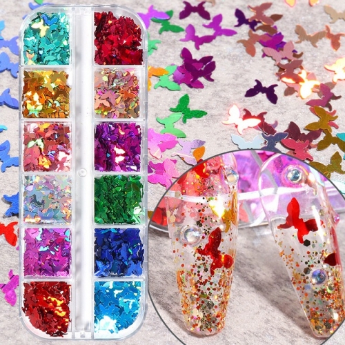12Grids/Box Butterfly Colorful  Nail Glitter Mirror Powder Paillette Manicure Nail Art Decorations