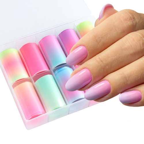 10rolls/box Neon Nail Foil Sticker Set Aurora Mermaid Gradient Rainbow Starry Sky Paper Slider Gel Nail Art Transfer Foil Manicure