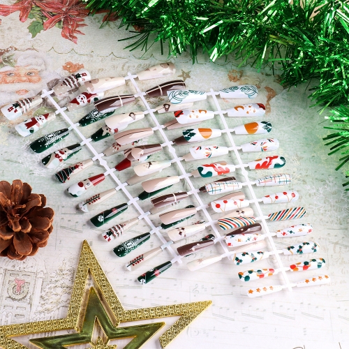24pcs/set Christmas Design Press On Nails Finished False Nail Tips Xmas Tree Snowman Cartoon Full Cover Sticker Tape Manicure