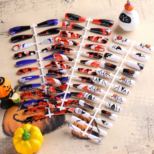 24pcs/set Halloween Press On Nail Finished False Nail Tips Painting Ghost Pumpkin Spider Artificial Fake Nails With Glue Tool